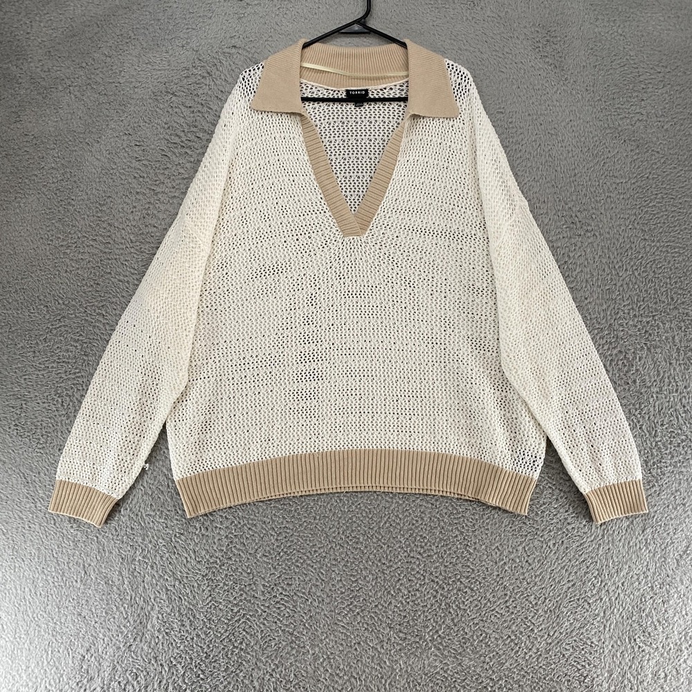 Torrid Sweater Womens 3/3X White Crochet Collared Open Knit Beachy Sheer Coastal